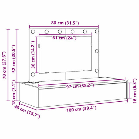 vidaXL Wall Hanging Dressing Table with LED Lights Brown Oak