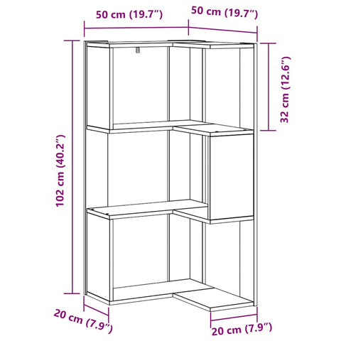 vidaXL Corner Bookcase 3-Tier Black Oak 50x50x102 cm Engineered Wood