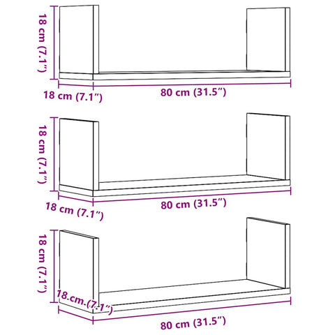 vidaXL Wall Shelves 3 pcs Black Oak 80x18x18 cm Engineered Wood