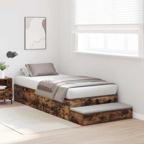 vidaXL Storage Bed Frame with Drawer Smoked Oak 90 cm Engineered Wood