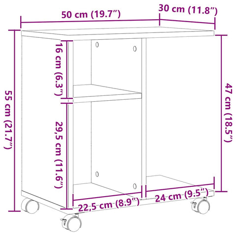 vidaXL Side Table with Wheels - Old Wood, 50x30x55 cm, Engineered Wood
