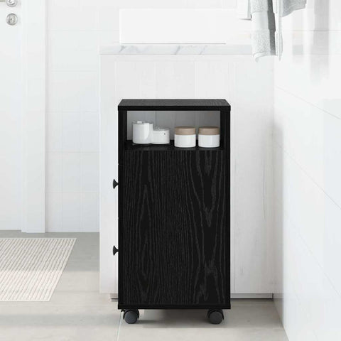 vidaXL Narrow Bathroom Cabinet with Wheel Black oak 33 x 23 x 65 cm