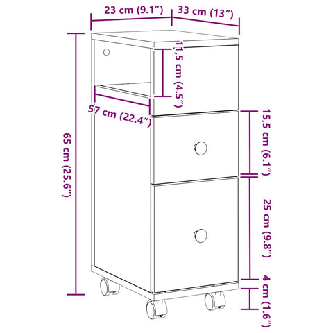 vidaXL Narrow Bathroom Cabinet with Wheel Black oak 33 x 23 x 65 cm