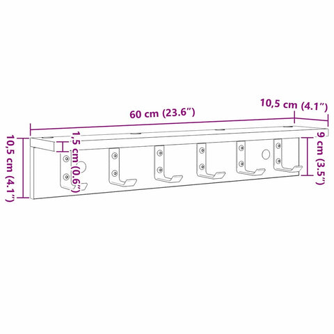 vidaXL Wall-Mounted Coat Rack Smoked oak 60 x 10.5 x 10.5 cm