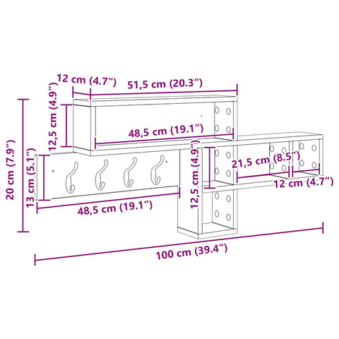 vidaXL Wall-Mounted Coat Rack Artisan oak 100 x 12 x 43.5 cm