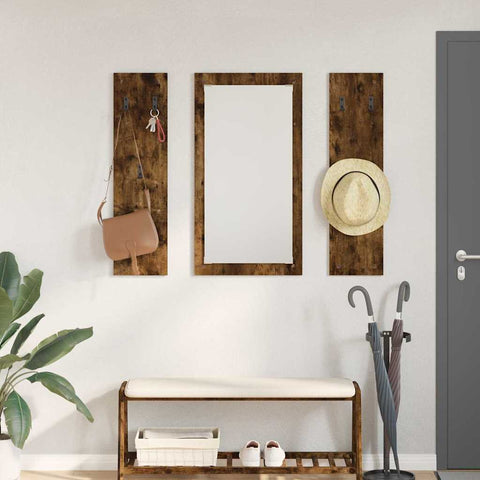 vidaXL Wall-Mounted Coat Rack Wall-mounted with Storage with Mirror Smoked oak Engineered wood