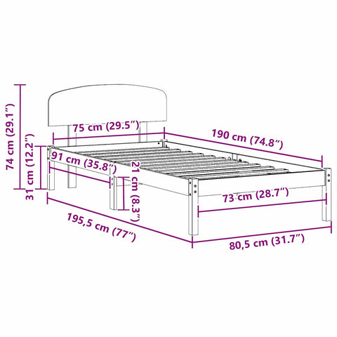 vidaXL Bed Frame with Headboard Brown 75 x 190 cm Solid Pine wood