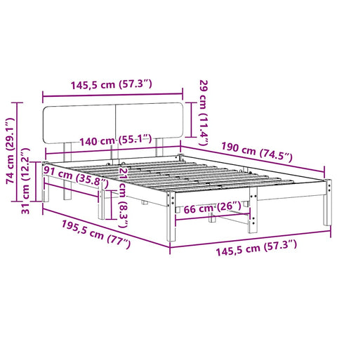 vidaXL Bed Frame with Headboard Wax Brown 140 x 190 cm