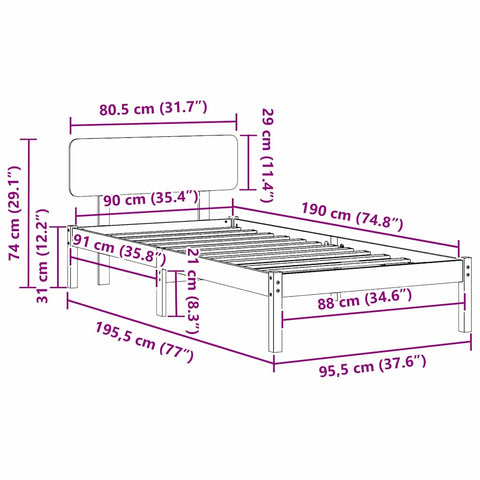 vidaXL Bed Frame with Headboard Natural 90 x 190 cm
