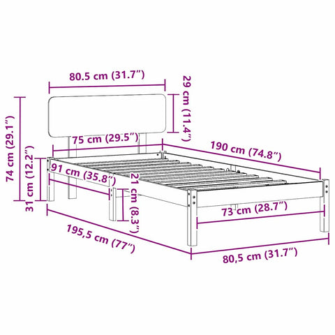 vidaXL Bed Frame with Headboard White 75 x 190 cm