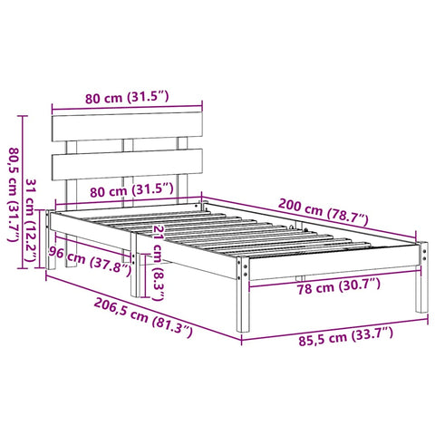 vidaXL Bed Frame with Headboard Brown 80 x 200 cm Solid Pine wood