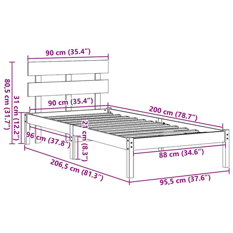 vidaXL Bed Frame with Headboard White 90 x 200 cm Solid Pine wood