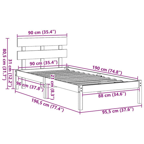 vidaXL Bed Frame with Headboard Brown 90 x 190 cm Solid Pine wood