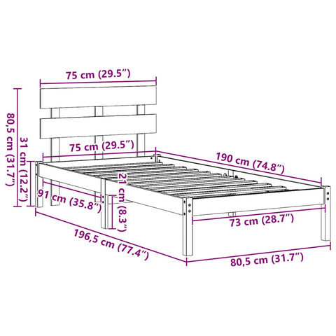 vidaXL Bed Frame with Headboard Brown 75 x 190 cm Solid Pine wood