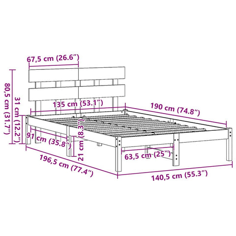 vidaXL Bed Frame with Headboard White 135 x 190 cm Solid Pine wood