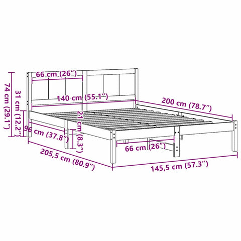 vidaXL Bed Frame Brown 140 x 200 cm Solid Pine wood