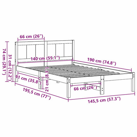 vidaXL Bed Frame White 140 x 190 cm Solid Pine wood