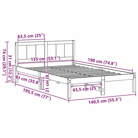 vidaXL Bed Frame Brown 135 x 190 cm Solid Pine wood