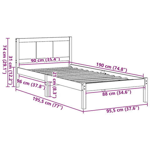 vidaXL Bed Frame Brown 90 x 190 cm Solid Pine wood