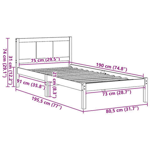 vidaXL Bed Frame White 75 x 190 cm Solid Pine wood