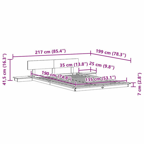 vidaXL Floor Bed Frame with Side Tables 135x190cm Solid Wood