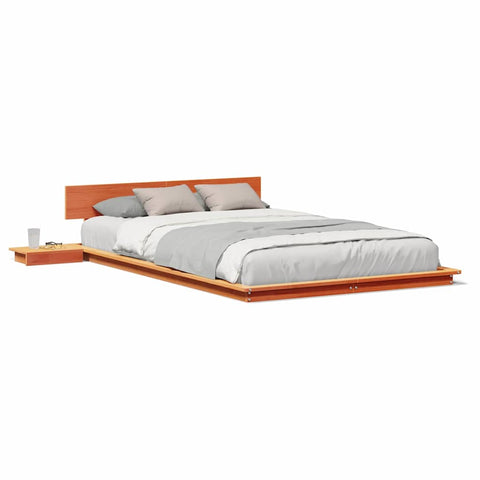 vidaXL Floor Bed Frame with Bedside Tables Wax Brown 135x190cm Solid Wood
