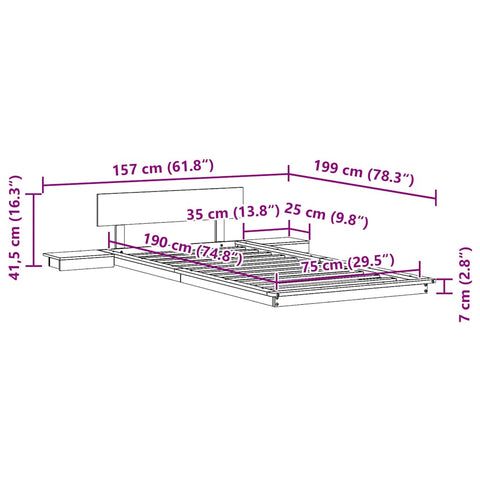 vidaXL Floor Bed Frame with Bedside Tables Wax Brown 75x190cm Solid Wood