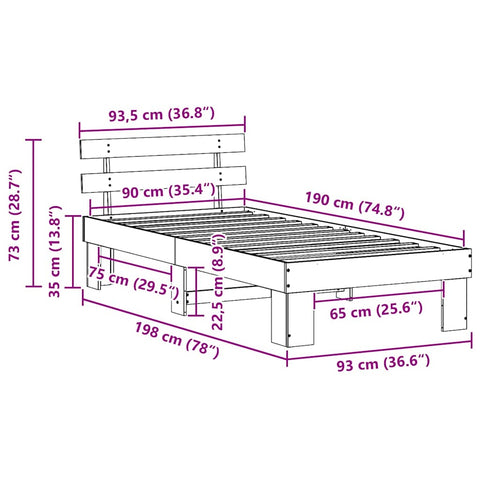 vidaXL Bed Frame with Headboard White 90 x 190 cm
