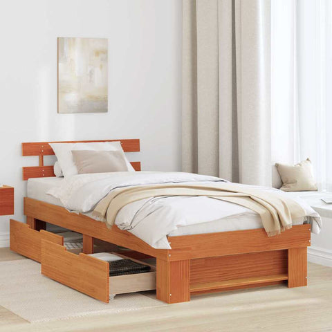 vidaXL Bed Frame with Headboard Wax brown 90 x 190 cm Solid pine wood