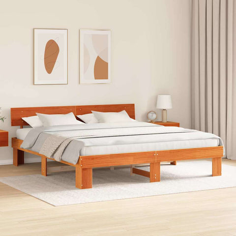 vidaXL Bed Frame with Headboard Wax brown 180 x 200 cm Solid pine wood