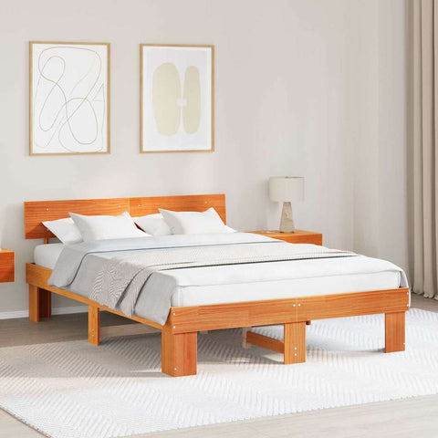 vidaXL Bed Frame with Headboard Wax brown 160 x 200 cm Solid pine wood