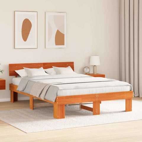 vidaXL Bed Frame with Headboard Wax brown 150 x 200 cm Solid pine wood