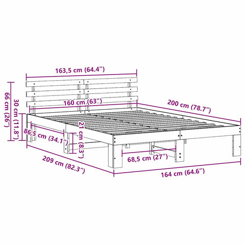vidaXL Bed Frame with Headboard Brown 160 x 200 cm Solid Pine wood