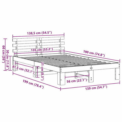 vidaXL Bed Frame with Headboard Brown 135 x 190 cm Solid Pine wood
