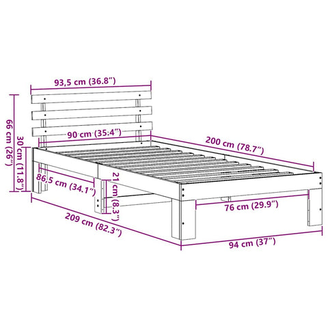 vidaXL Bed Frame with Headboard White 90 x 200 cm Solid Pine wood