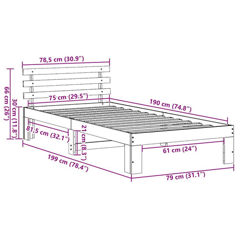 vidaXL Bed Frame with Headboard Brown 75 x 190 cm Solid Pine wood