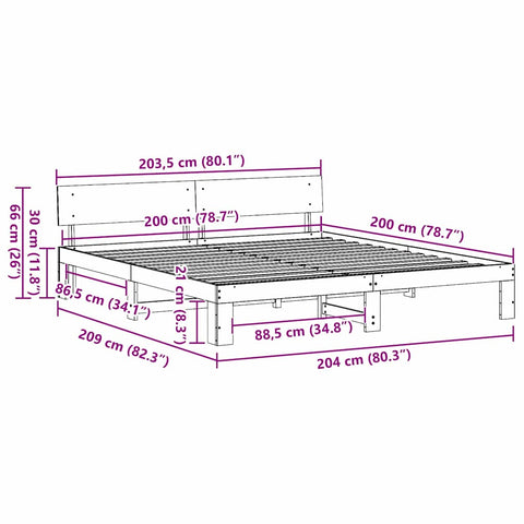 vidaXL Bed Frame with Headboard Brown 200 x 200 cm Solid Pine wood
