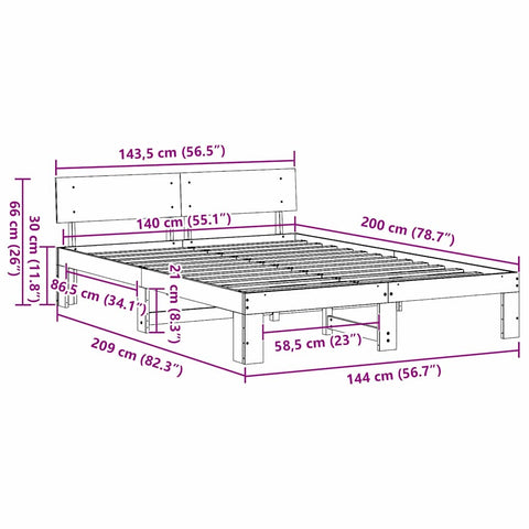 vidaXL Bed Frame with Headboard Brown 140 x 200 cm Solid Pine wood