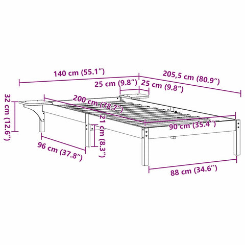 vidaXL Bed Frame with Bedside Tables White 90 x 200 cm White