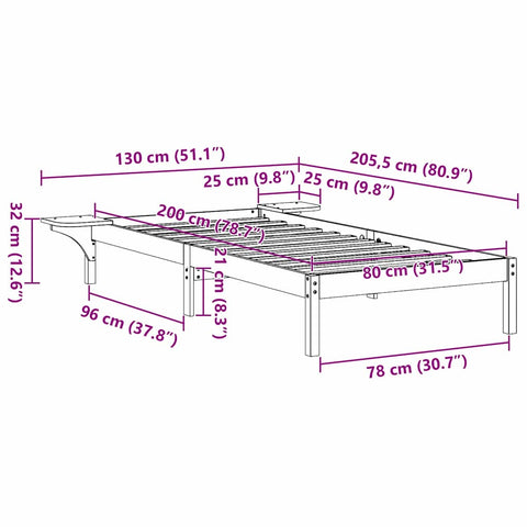 vidaXL Bed Frame with Bedside Tables Brown 80 x 200 cm Wax brown