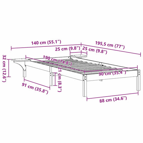 vidaXL Bed Frame with Bedside Tables Brown 90 x 190 cm Wax brown