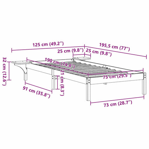 vidaXL Bed Frame with Bedside Tables Brown 75 x 190 cm Brown
