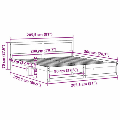 vidaXL Bed Frame with Headboard Brown 200 x 200 cm Solid Pine wood