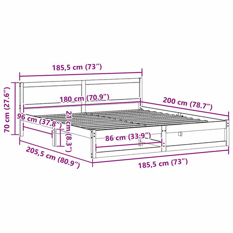vidaXL Bed Frame with Headboard Brown 180 x 200 cm Solid Pine wood