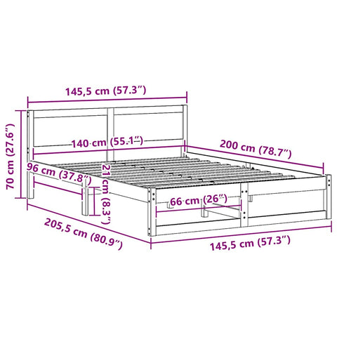 vidaXL Bed Frame with Headboard Brown 140 x 200 cm Solid Pine wood