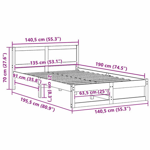 vidaXL Bed Frame with Headboard Brown 135 x 190 cm Solid Pine wood