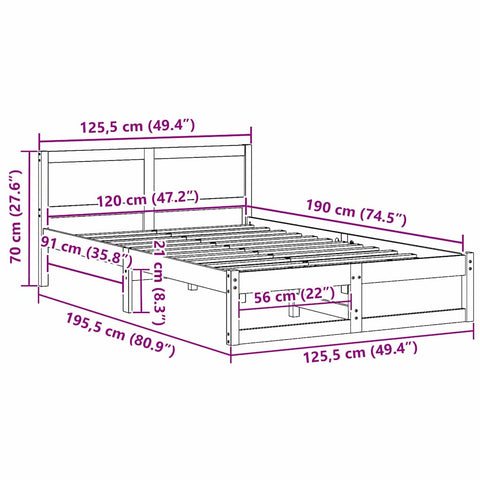 vidaXL Bed Frame with Headboard Brown 120 x 190 cm Solid Pine wood