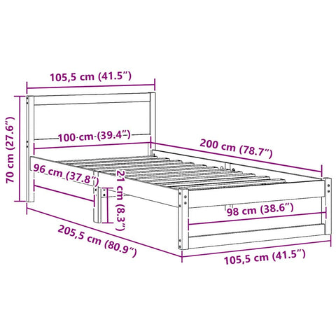 vidaXL Bed Frame with Headboard Brown 100 x 200 cm Solid Pine wood