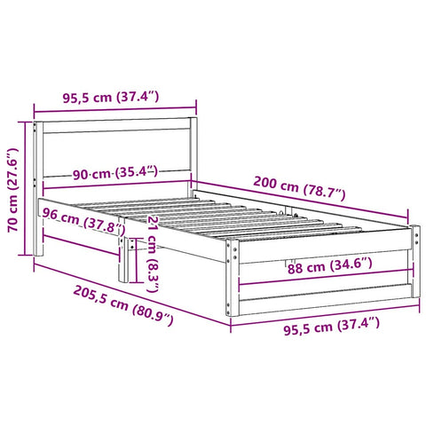 vidaXL Bed Frame with Headboard Brown 90 x 200 cm Solid Pine wood