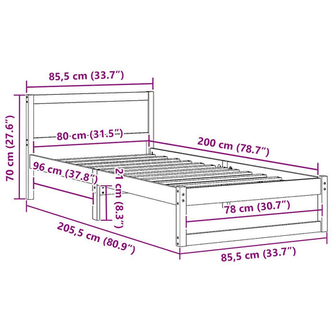 vidaXL Bed Frame with Headboard Brown 80 x 200 cm Solid Pine wood